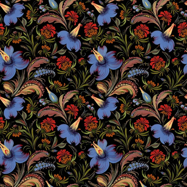 Floral Seamless Pattern Ukrainian Folk Painting Style Petrykivka Blue Red — Stockfoto