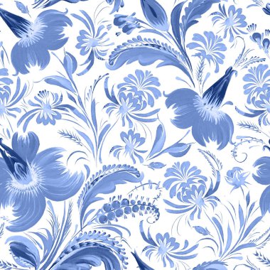 Floral seamless pattern in Ukrainian folk painting style Petrykivka. Blue flowers and leaves isolated on a white background