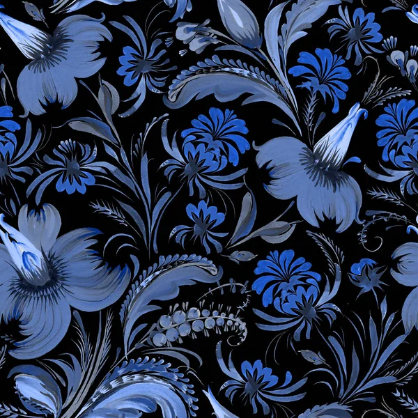 Floral seamless pattern in Ukrainian folk painting style Petrykivka. Blue flowers and leaves on a black background