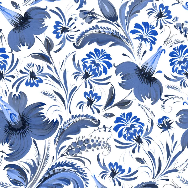 Floral Seamless Pattern Ukrainian Folk Painting Style Petrykivka Blue Flowers — Stock Fotó