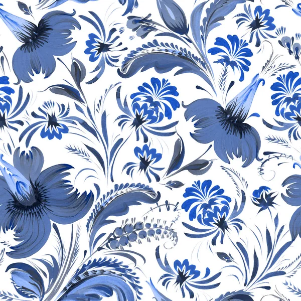 Floral Seamless Pattern Ukrainian Folk Painting Style Petrykivka Blue Flowers — Photo