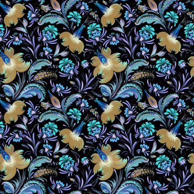 Floral seamless pattern in Ukrainian folk painting style Petrykivka. Golden flowers and green, blue, purple leaves isolated on a black background