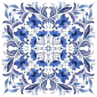 Batik floral pattern in Ukrainian folk painting style Petrykivka for shawl, carpet, bandana, ceramic tile with blue flowers, leaves, branches isolated on a white background