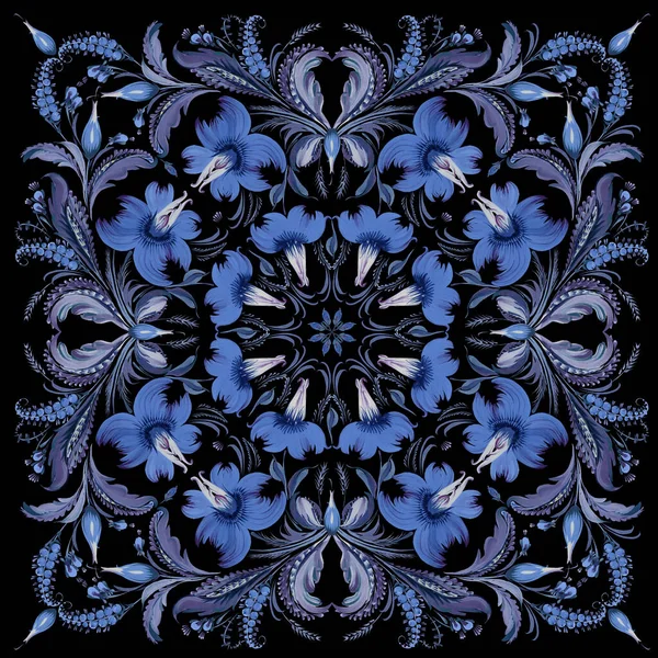 Batik floral pattern in Ukrainian folk painting style Petrykivka for shawl, carpet, bandana, ceramic tile with blue flowers, leaves, branches isolated on a black background