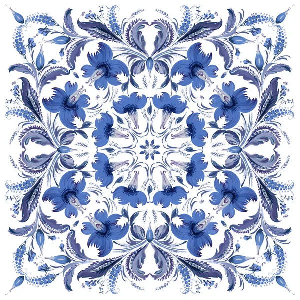 Batik floral pattern in Ukrainian folk painting style Petrykivka for shawl, carpet, bandana, ceramic tile with blue flowers, leaves, branches isolated on a white background