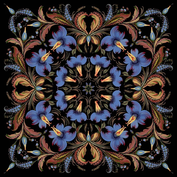 Batik floral pattern in Ukrainian folk painting style Petrykivka for shawl, carpet, bandana, tile with blue flowers, brown leaves, branches on a black background