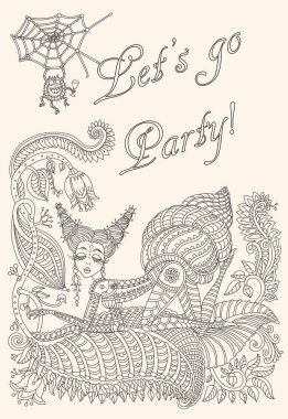 Vector fantastic woman snail silhouette, blooming garden, spider net. Fairy exotic flowers, leaves.Linear contour thin line drawing.Black, white. Adults coloring book page. Party invitation card