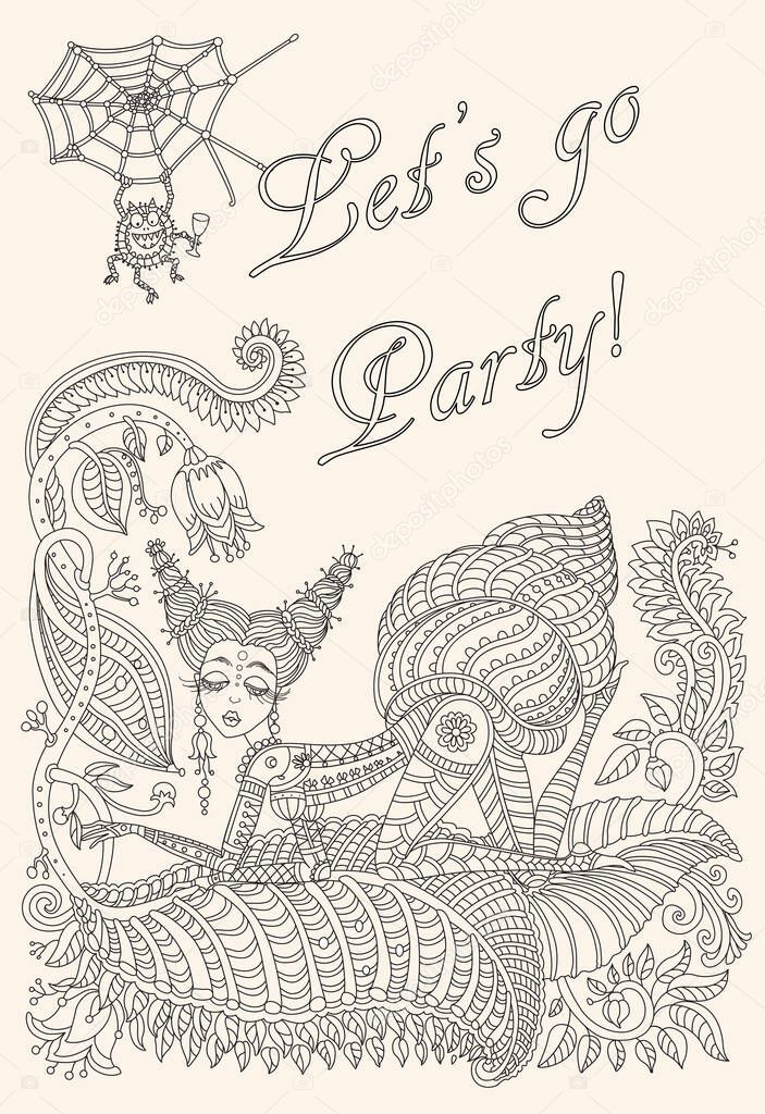 Vector fantastic woman snail silhouette, blooming garden, spider net. Fairy exotic flowers, leaves.Linear contour thin line drawing.Black, white. Adults coloring book page. Party invitation card