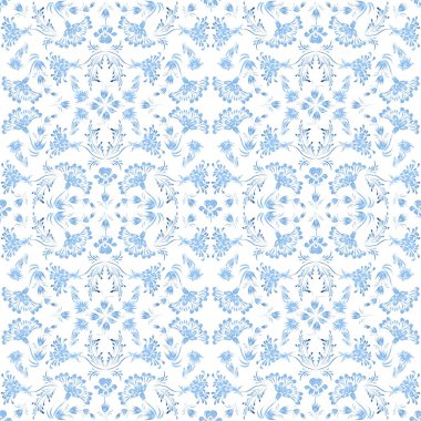 Ukrainian folk painting style Petrykivka. Floral watercolor seamless pattern from light  blue flowers and leaves on a white. Ethnic design