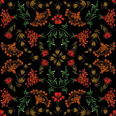 Ukrainian folk painting style Petrykivka. Floral watercolor seamless pattern from red flowers, brown and green leaves on a black background for fabric, clothes. Ethnic design