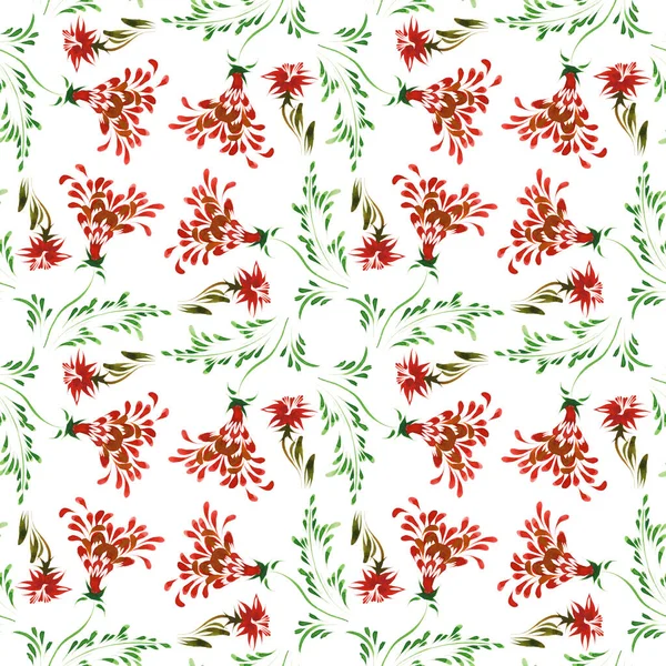Ukrainian folk painting style Petrykivka. Floral watercolor seamless pattern from red flowers, brown and green leaves isolated on a white background for fabric, clothes. Ethnic design