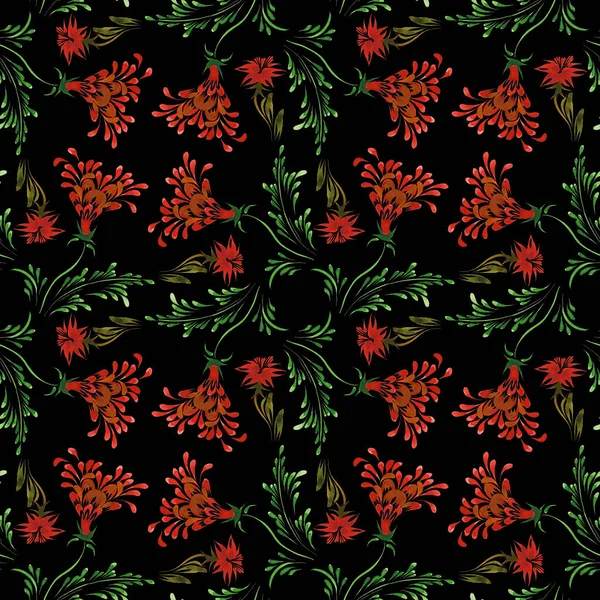 Ukrainian folk painting style Petrykivka. Floral watercolor seamless pattern from red flowers, brown and green leaves on a black background for fabric, clothes. Ethnic design