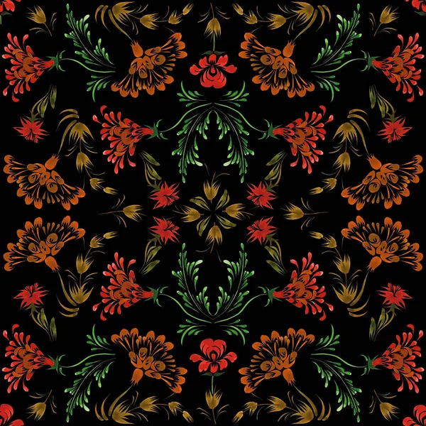 Ukrainian Folk Painting Style Petrykivka Floral Watercolor Seamless Pattern Red — Foto Stock