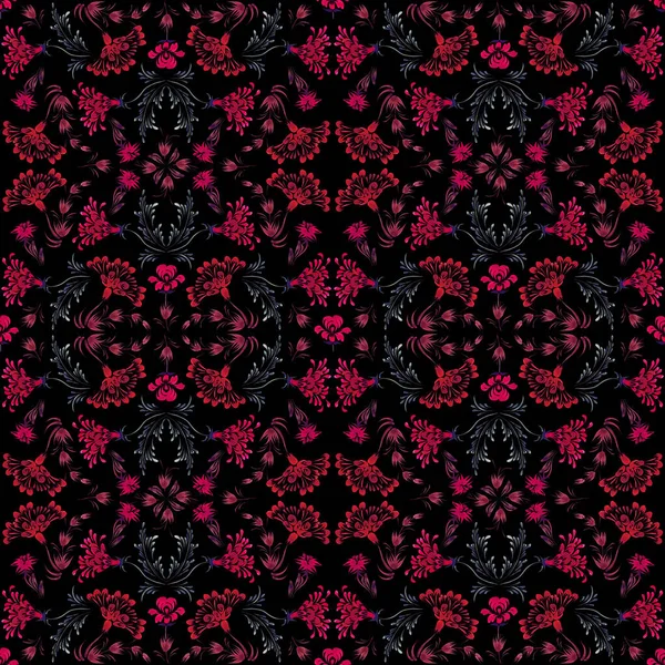 Ukrainian folk painting style Petrykivka. Floral watercolor seamless pattern from red flowers, brown and green leaves on a black background for fabric, clothes. Ethnic design