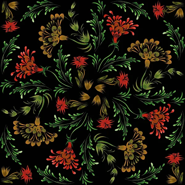 Ukrainian folk painting style Petrykivka. Floral gold watercolor seamless pattern from golden flowers, leaves on a black