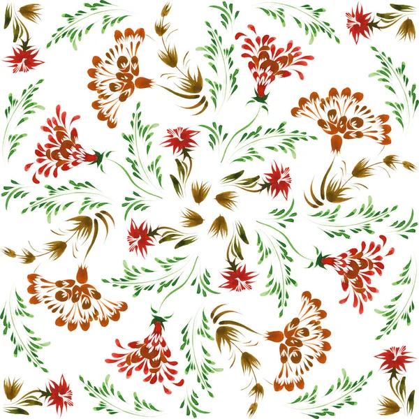 Ukrainian folk painting style Petrykivka. Floral watercolor seamless pattern from red flowers, brown and green leaves isolated on a white background for fabric, clothes. Ethnic design