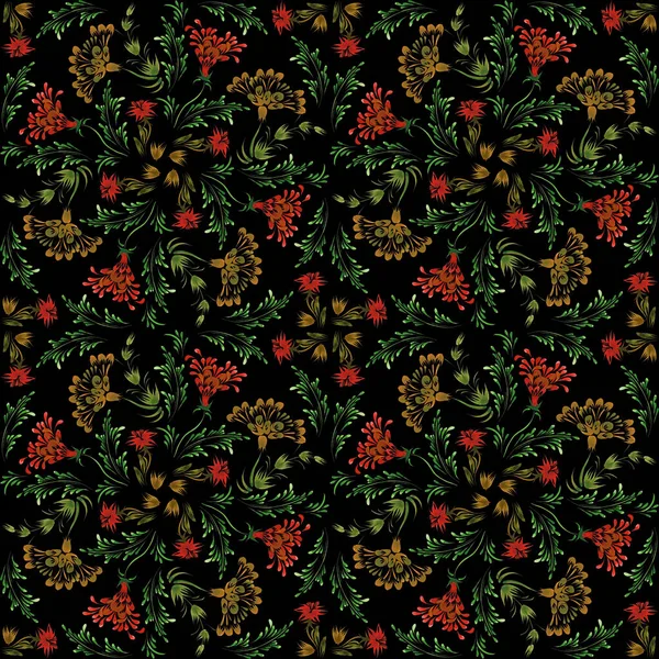 Ukrainian folk painting style Petrykivka. Floral gold watercolor seamless pattern from golden flowers, leaves on a black