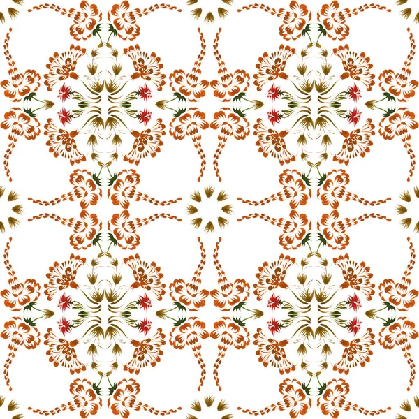 Ukrainian folk painting style Petrykivka. Floral watercolor seamless pattern from red flowers, brown and green leaves isolated on a white background