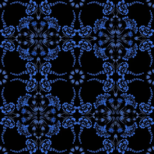 Ukrainian folk painting style Petrykivka. Floral watercolor seamless pattern from blue flowers and leaves on a black background. Ethnic design