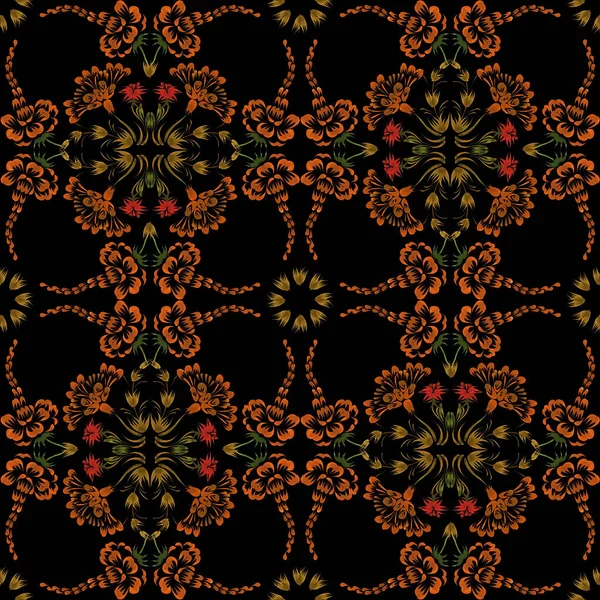 Ukrainian folk painting style Petrykivka. Floral watercolor seamless pattern from red flowers, brown and green leaves on a black background for fabric, clothes. Ethnic design