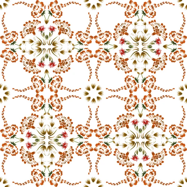 Ukrainian folk painting style Petrykivka. Floral watercolor seamless pattern from red flowers, brown and green leaves isolated on a white background for fabric, clothes. Ethnic design