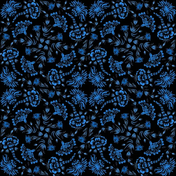 Ukrainian Folk Painting Style Petrykivka Floral Watercolor Seamless Pattern Blue — 图库照片