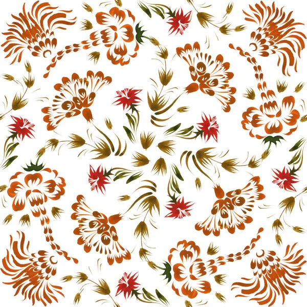 Ukrainian folk painting style Petrykivka. Floral watercolor seamless pattern from red flowers, brown and green leaves isolated on a white background for fabric, clothes. Ethnic design