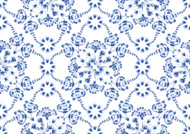 Ukrainian folk painting style Petrykivka. Floral watercolor seamless pattern from light  blue flowers and leaves on a white. Ethnic design