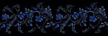 Ukrainian folk painting style Petrykivka. Floral watercolor seamless border pattern from blue flowers and leaves on a black background. Ethnic design