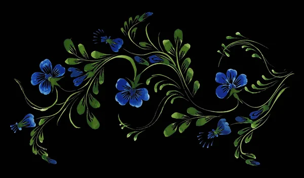 Ukrainian folk painting style Petrykivka. Floral watercolor border pattern from blue flowers and green leaves isolated on a black background. Ethnic design