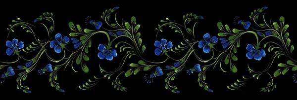 Ukrainian folk painting style Petrykivka. Floral watercolor seamless border pattern from blue flowers and green leaves isolated on a black background. Ethnic design