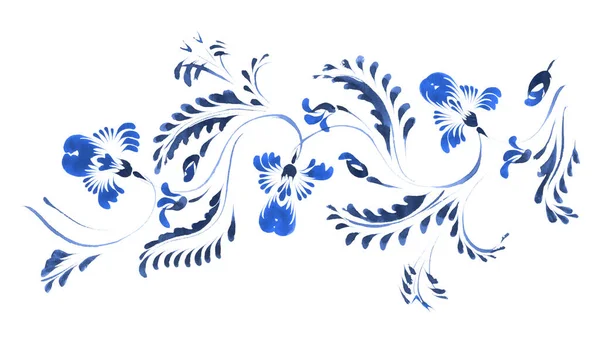 Ukrainian folk painting style Petrykivka. Floral watercolor border pattern from indigo blue flowers and leaves isolated on a white background. Ethnic design