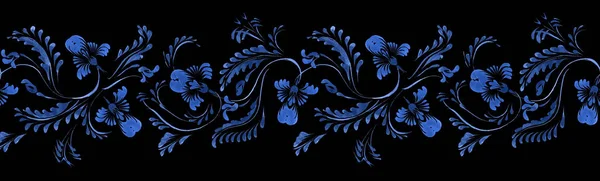 Ukrainian folk painting style Petrykivka. Floral watercolor seamless border pattern from blue flowers and leaves on a black background. Ethnic design