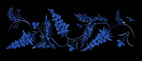 Український Народний Живопис Петриківка Квітковий Акварельний Бар Блакитними Квітами Індиго — стокове фото