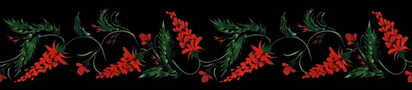 Ukrainian folk painting style Petrykivka. Floral watercolor seamless border pattern from red flowers and green leaves on a black background. Ethnic design