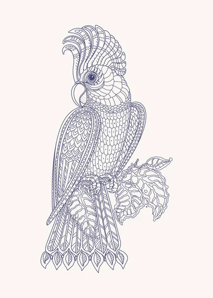 Vector fantasy stylized cockatoo jungle parrot silhouette.Exotic bird, fantastic flowers, branches, leaves. Contour thin line drawing.T-shirt print. Coloring book page for adults. Black and White