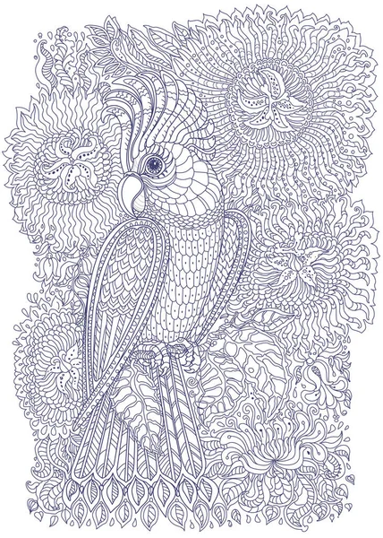 Exotic Bird Fantastic Flowers Branches Leaves Contour Thin Line Drawing — Archivo Imágenes Vectoriales