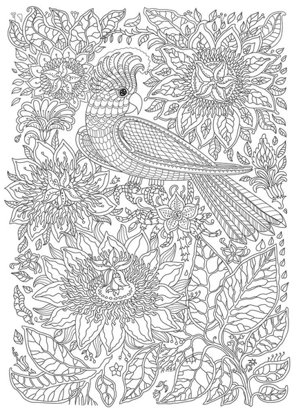 Fairy tale cockatoo parrot bird and fantasy jungle flowers, branches, leaves. Black  and White Coloring book page 