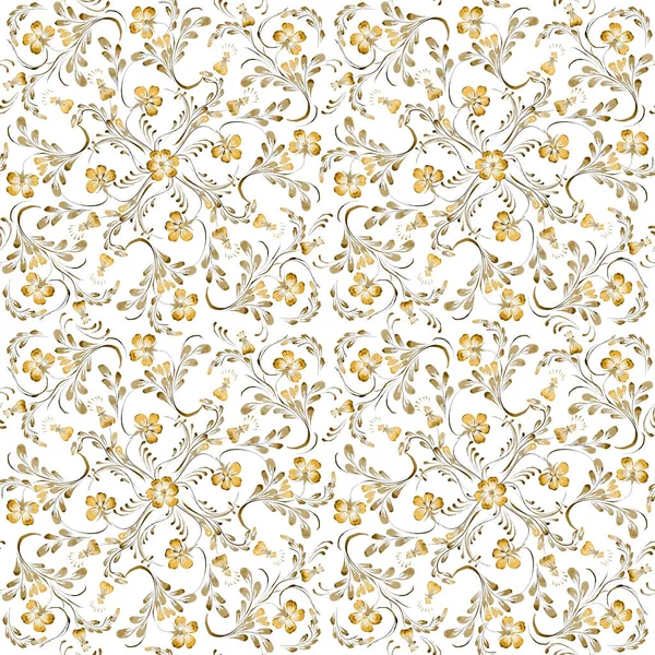 Ukrainian folk painting style Petrykivka. Floral watercolor seamless pattern from golden periwinkle flowers and leaves on a white background