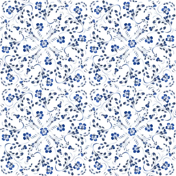 Ukrainian folk painting style Petrykivka. Floral watercolor seamless pattern from blue periwinkle flowers and leaves on a white. Ethnic design