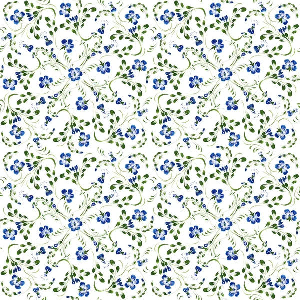 Ukrainian folk painting style Petrykivka. Floral watercolor seamless pattern from blue periwinkle flowers and leaves on a white. Ethnic design