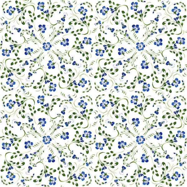 Ukrainian folk painting style Petrykivka. Floral watercolor seamless pattern from blue periwinkle flowers and leaves on a white. Ethnic design