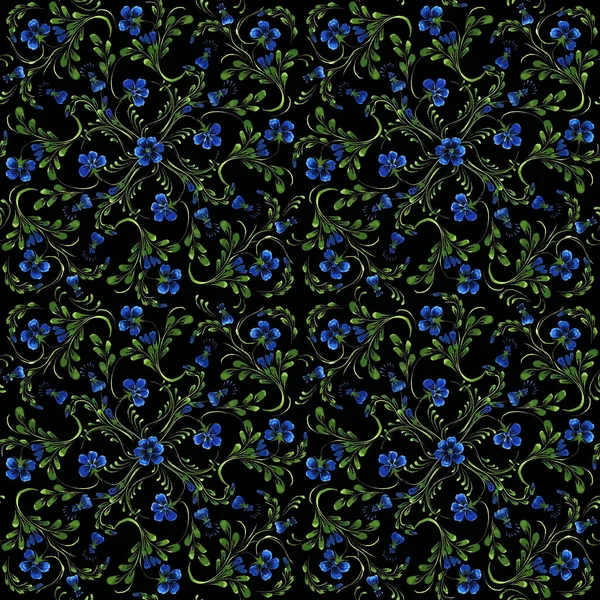 Ukrainian folk painting style Petrykivka. Floral watercolor seamless pattern from blue periwinkle flowers and leaves on a black background