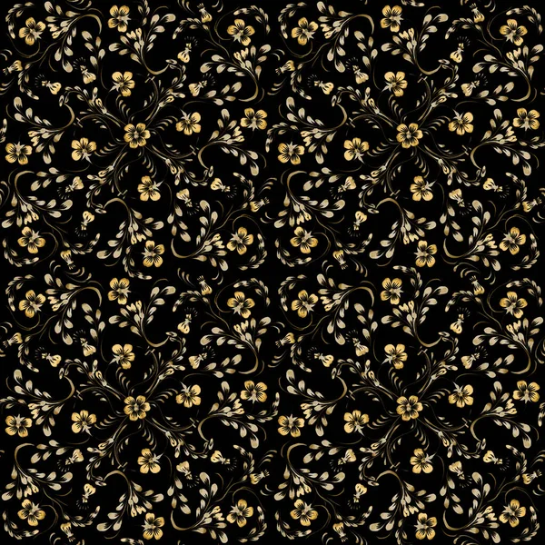 Ukrainian folk painting style Petrykivka. Floral watercolor seamless pattern from golden viola flowers and leaves on a black background