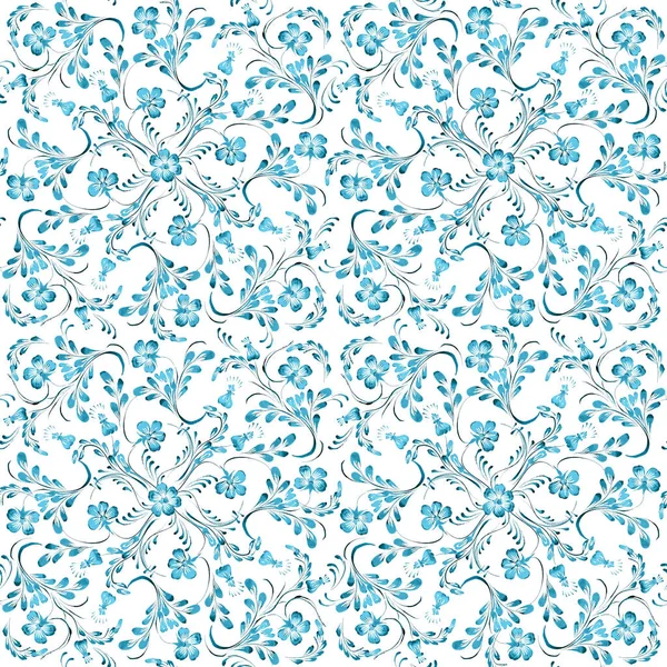 Ukrainian folk painting style Petrykivka. Floral watercolor seamless pattern from light turquoise blue flowers and leaves on a white background