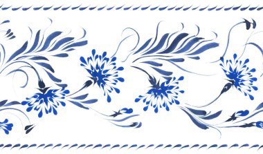 Ukrainian folk painting style Petrykivka. Floral watercolor seamless border pattern from blue flowers and leaves on a white background. Ethnic design