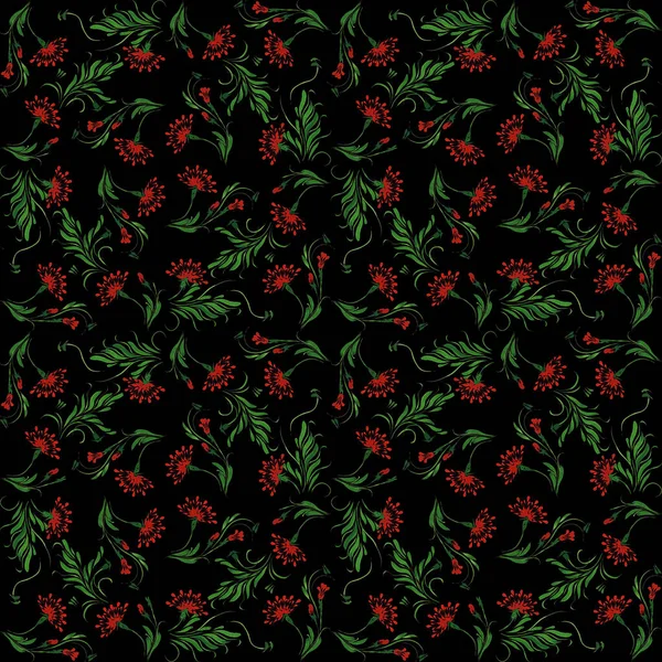 Ukrainian folk painting style Petrykivka. Floral watercolor seamless pattern from red dill flowers, green fennel  leaves and stalks on a black background