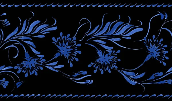 Ukrainian folk painting style Petrykivka. Floral watercolor seamless border pattern from blue flowers and leaves on a black background. Ethnic design