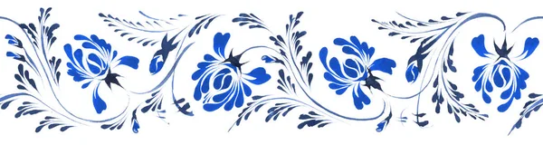 Ukrainian folk painting style Petrykivka. Floral watercolor seamless border pattern from blue peony flowers and leaves on a white background. Ethnic design
