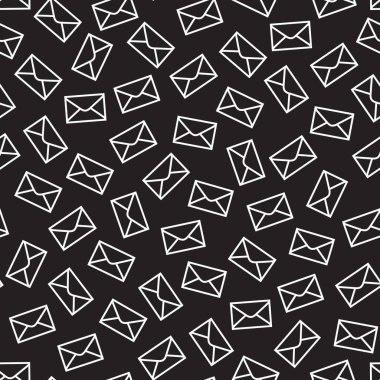 Vector seamless pattern from Postal envelopes white contour on a black   background. Remote Communication of people, information exchange concept. Web page fill, wallpaper, simple modern print